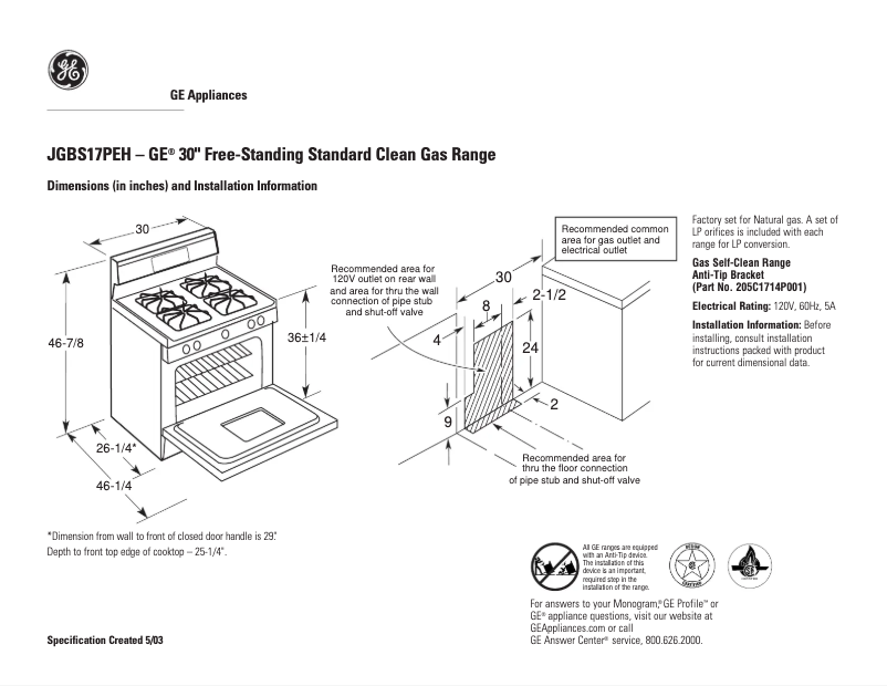 Página 1 del manual Ficha técnica GE JGBS17PEHCT
