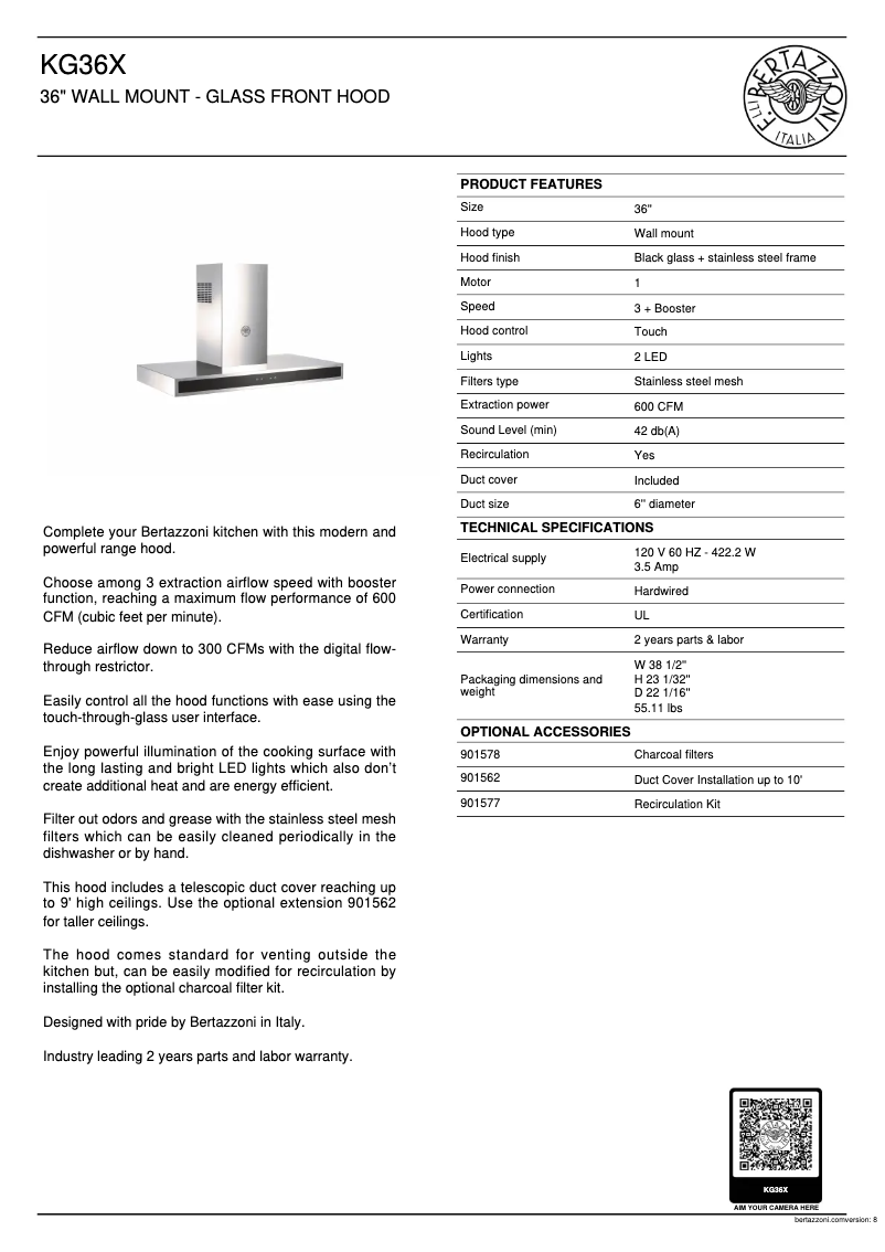 Page 1 de la notice Fiche technique Bertazzoni KG36X