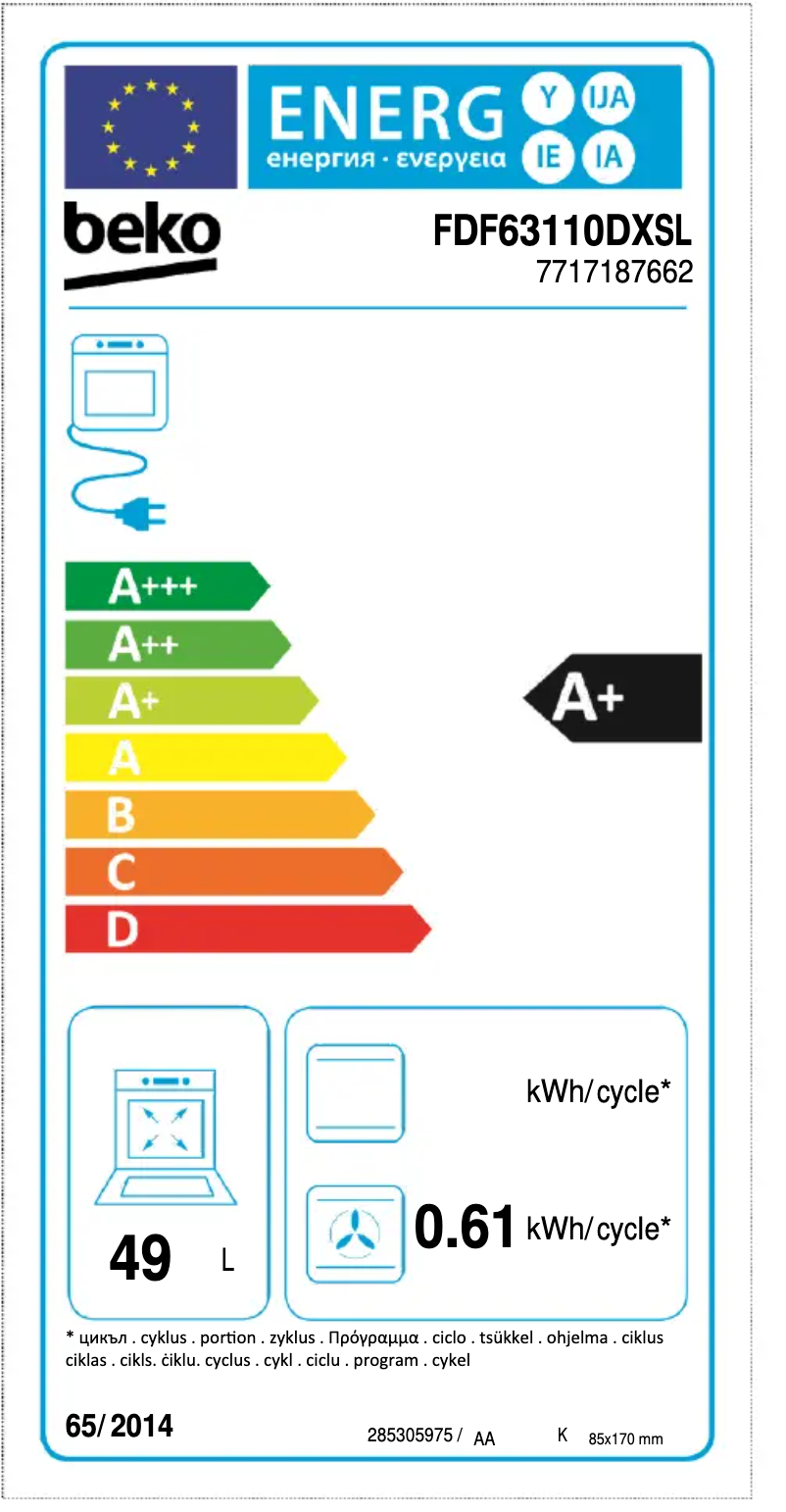 Page 1 de la notice Label énergétique Beko FDF63110DXSL