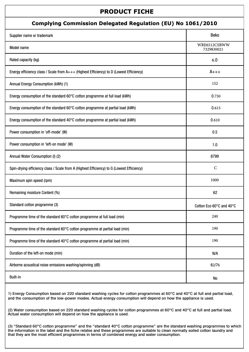 Page 1 de la notice Fiche technique Beko WRE 6512 CSBWW