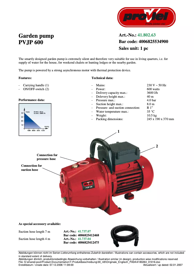 Page n°1 - Manuel utilisateur Proviel PVJP 600