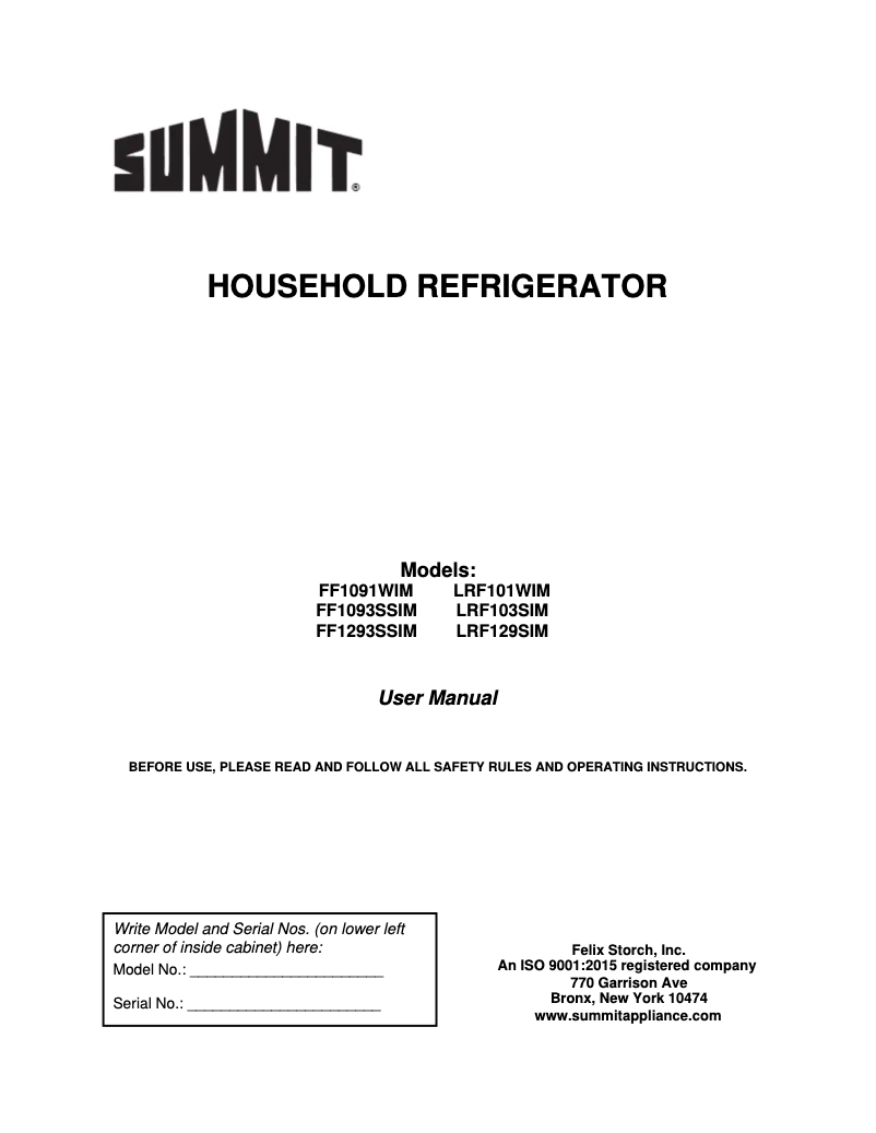 First page image of the manual for FF1091WIM