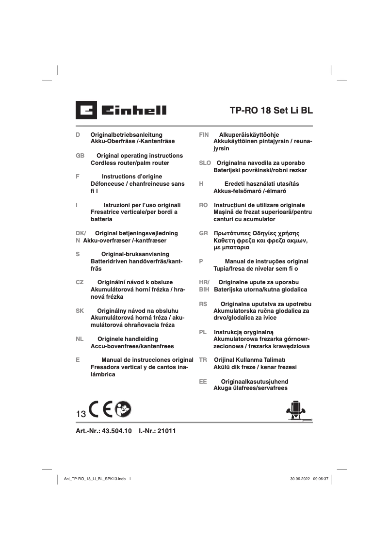Page n°1 - Manuel utilisateur Einhell TP-RO 18 Li BL