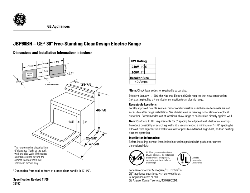 Page n°1 - Fiche technique GE JBP60BHWH