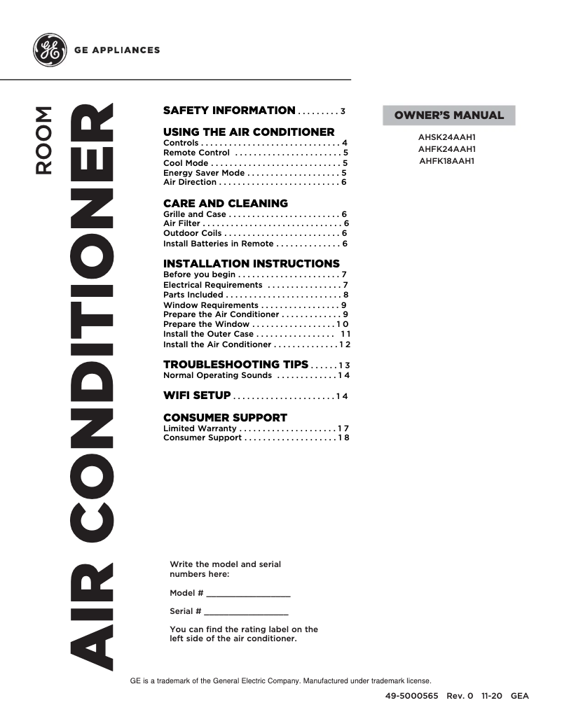 First page image of the manual for AHFK18AA