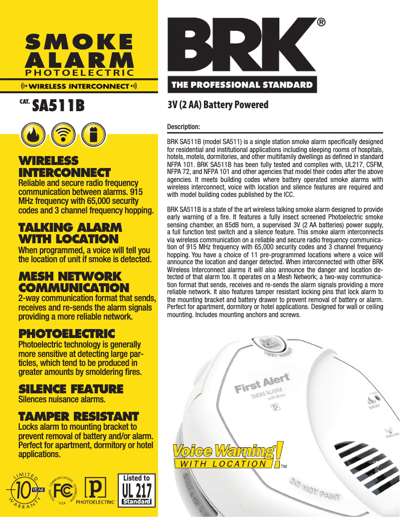 Page 1 de la notice Fiche technique First Alert SA511B