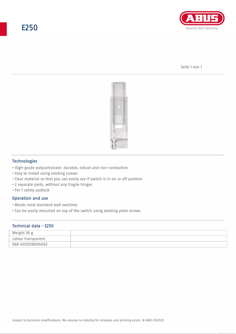 Page n°1 - Fiche technique Abus E250
