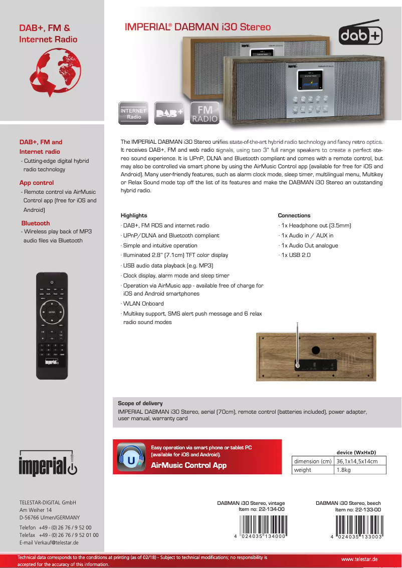 Página 1 del manual Ficha técnica Imperial DABMAN i30 Stereo