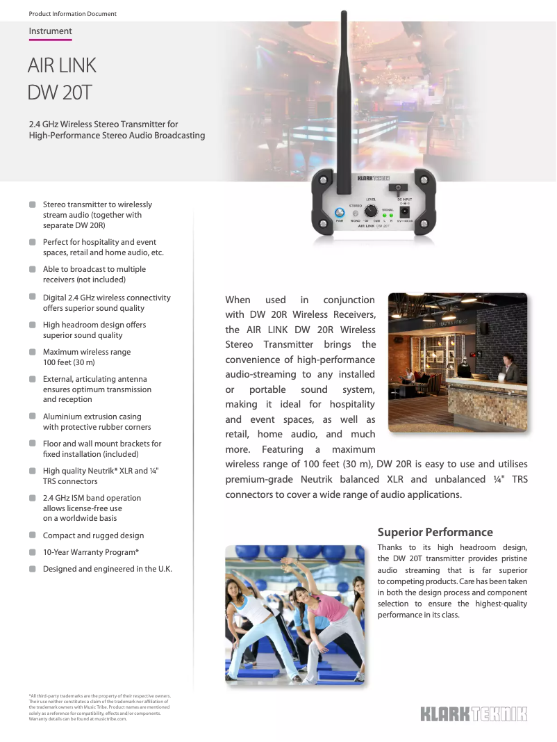 Page 1 de la notice Fiche technique Klark Teknik Air Link DW 20T