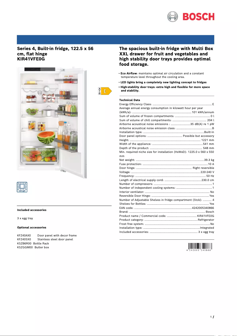 Page 1 of the manual Technical Sheet Bosch Serie 4 KIR41VFE0G