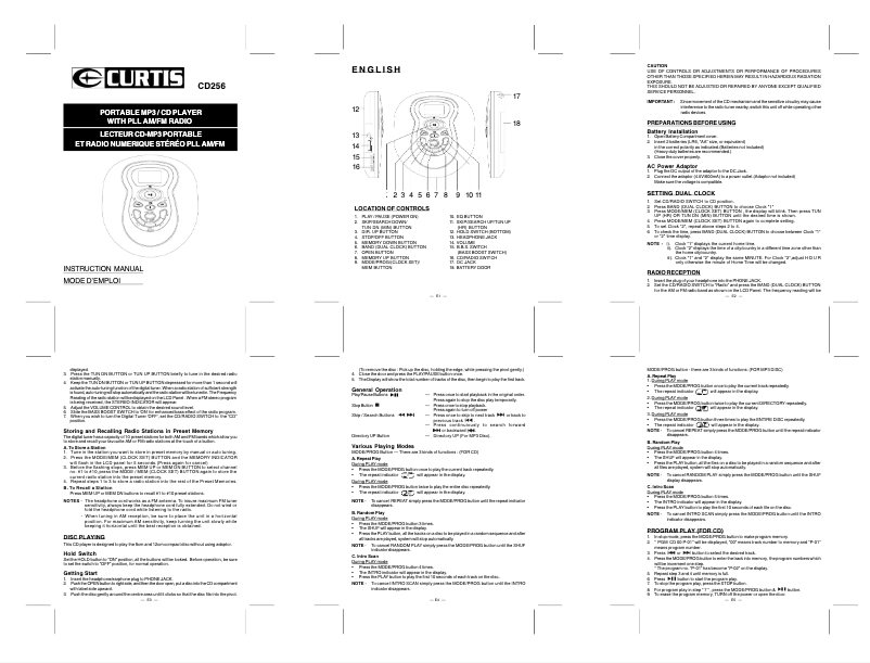 Page 1 de la notice Manuel utilisateur Curtis CD256