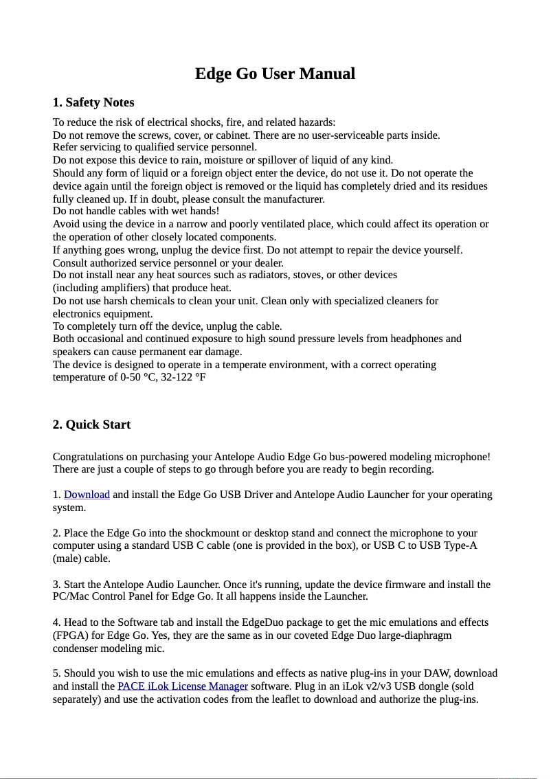 Page 1 de la notice Manuel utilisateur Antelope Audio Edge Go