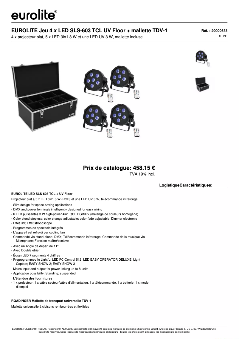 Page 1 de la notice Fiche technique Eurolite LED SLS-603 TCL + UV Floor