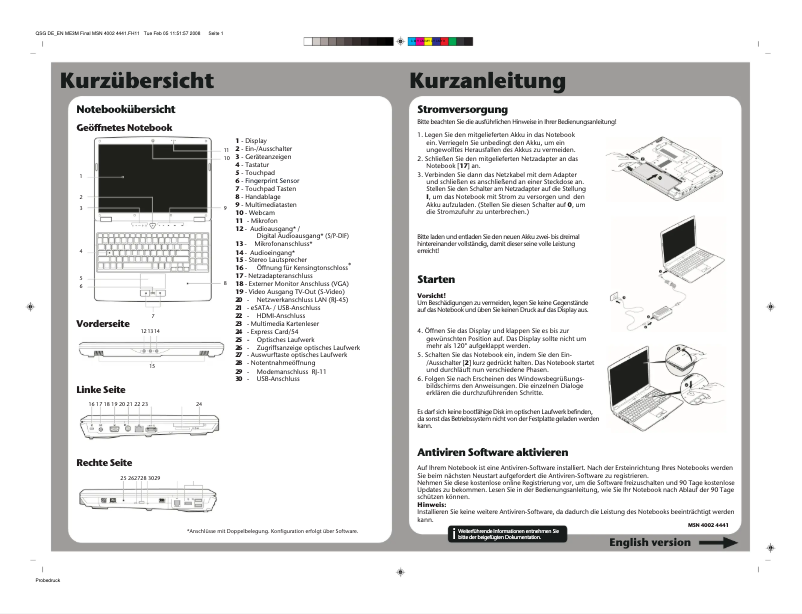 Page n°1 - Guide de démarrage rapide Medion MD 96350