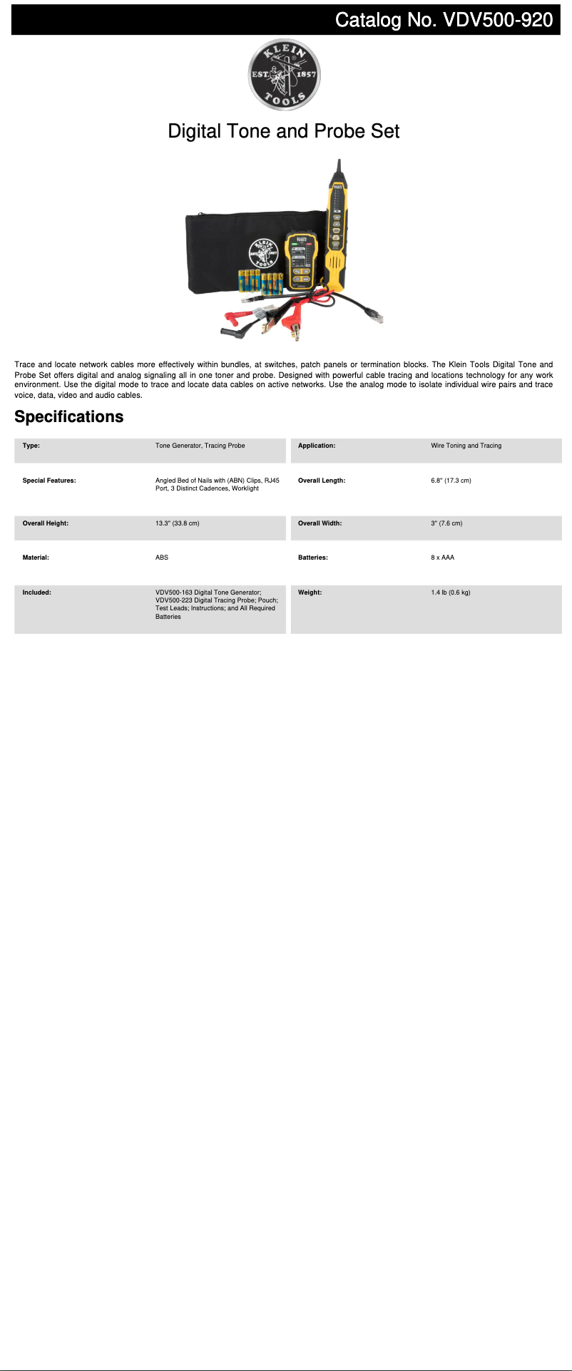 Page n°1 - Fiche technique Klein Tools VDV500-920