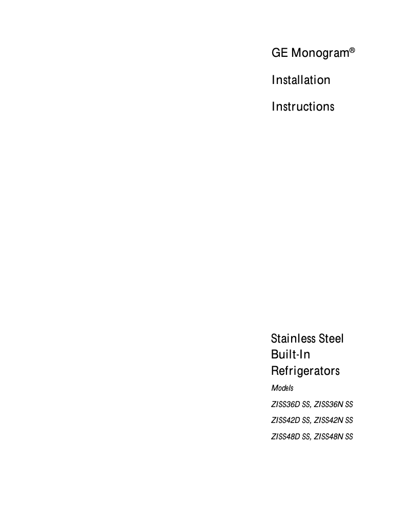 Page n°1 - Guide d'installation GE ZISS36NCSS