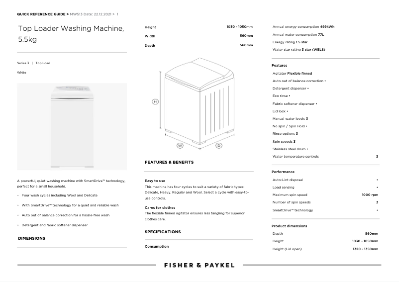 Page 1 de la notice Manuel utilisateur Fisher & Paykel MW513 QuickSmart