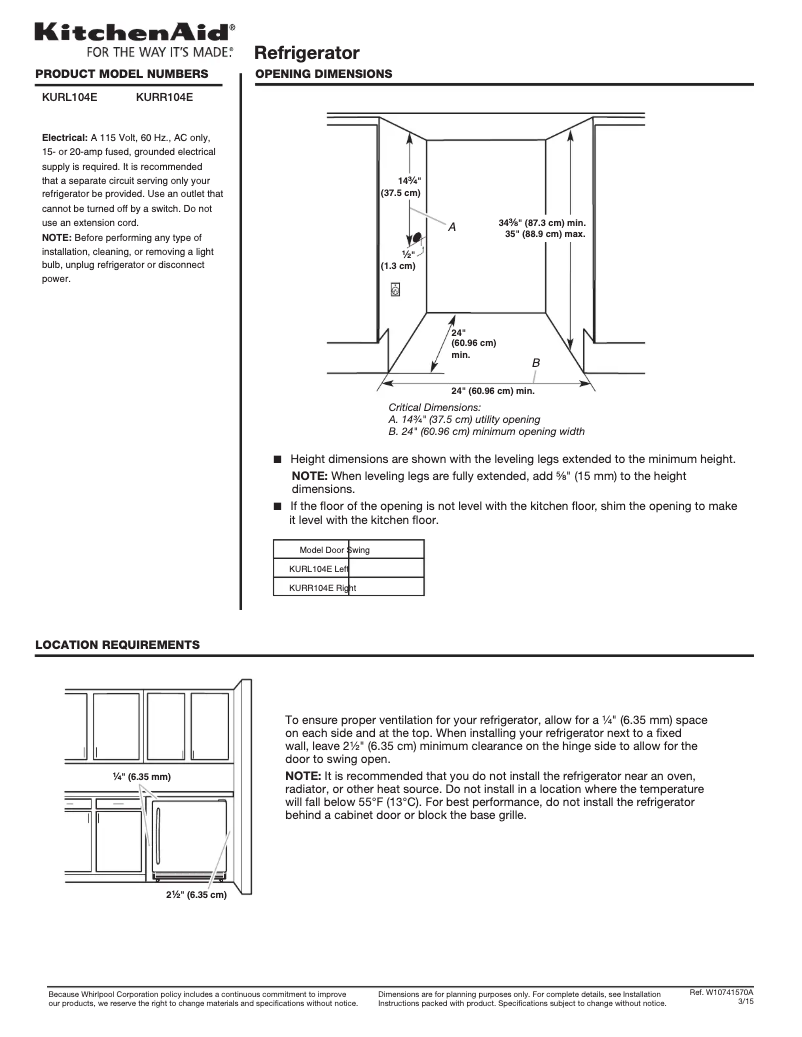 Page 1 de la notice Fiche technique KitchenAid KURL104E