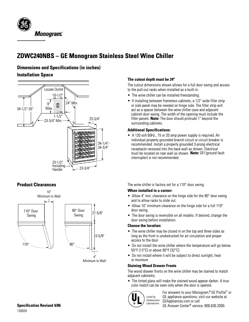 Page 1 de la notice Fiche technique GE ZDWC240NBS