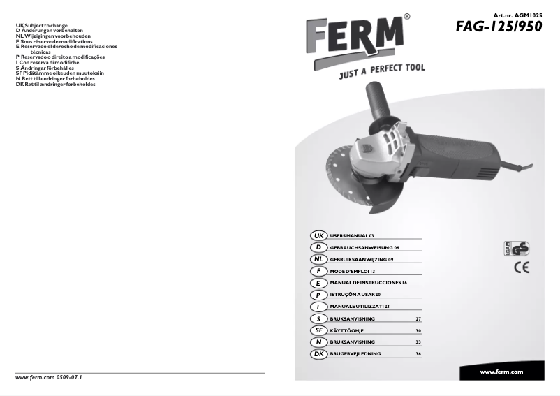 Page 1 de la notice Manuel utilisateur Ferm FAG-125/950