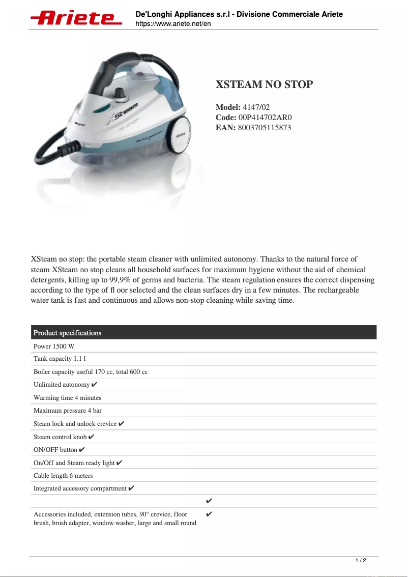 Page 1 de la notice Fiche technique Ariete XSteam no stop 4147