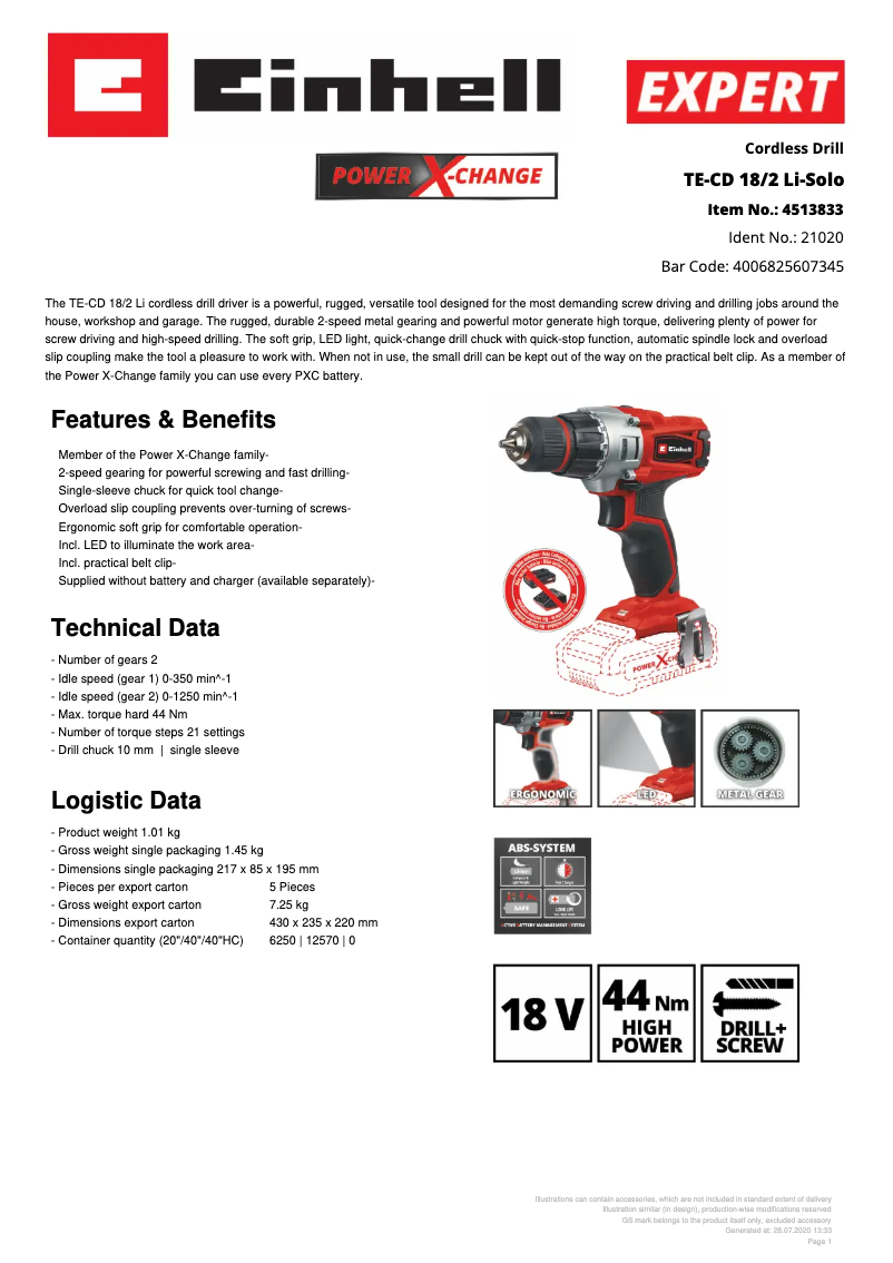 Page 1 de la notice Fiche technique Einhell TE-CD 18/2 Li-Solo