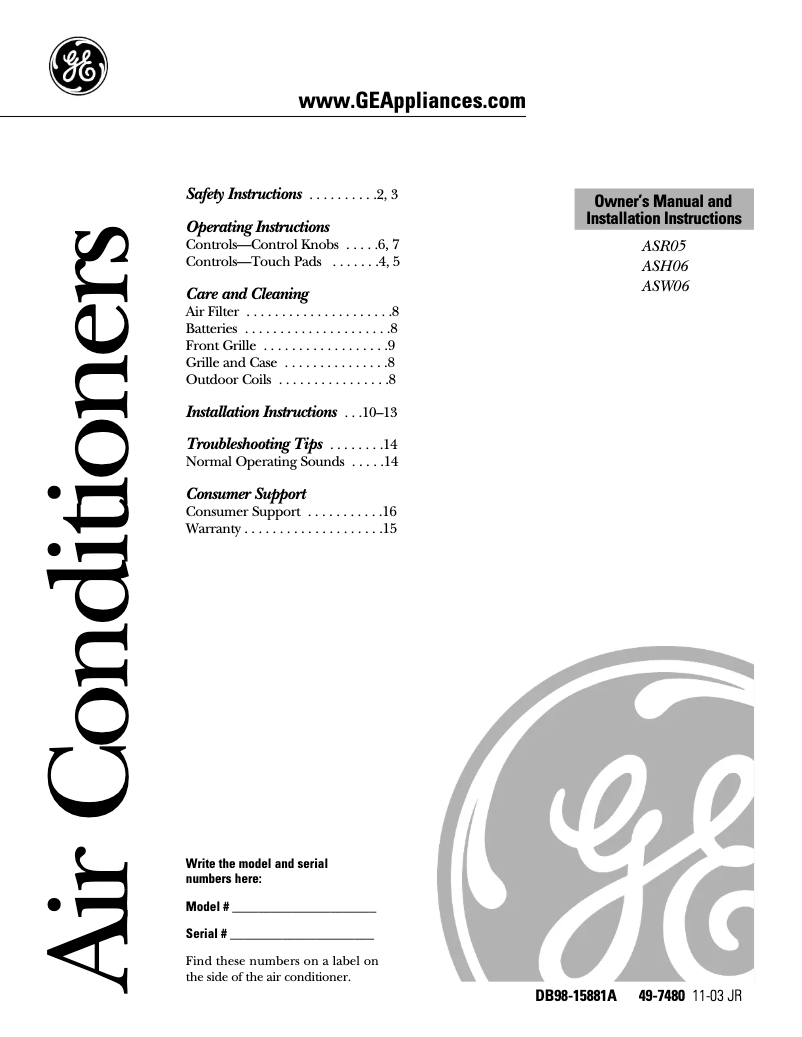 Page 1 de la notice Manuel d'utilisation et d'entretien GE ASR05LC