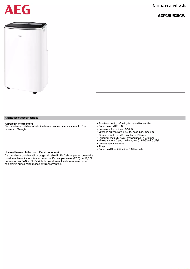 Page 1 de la notice Fiche technique AEG AXP35U538CW