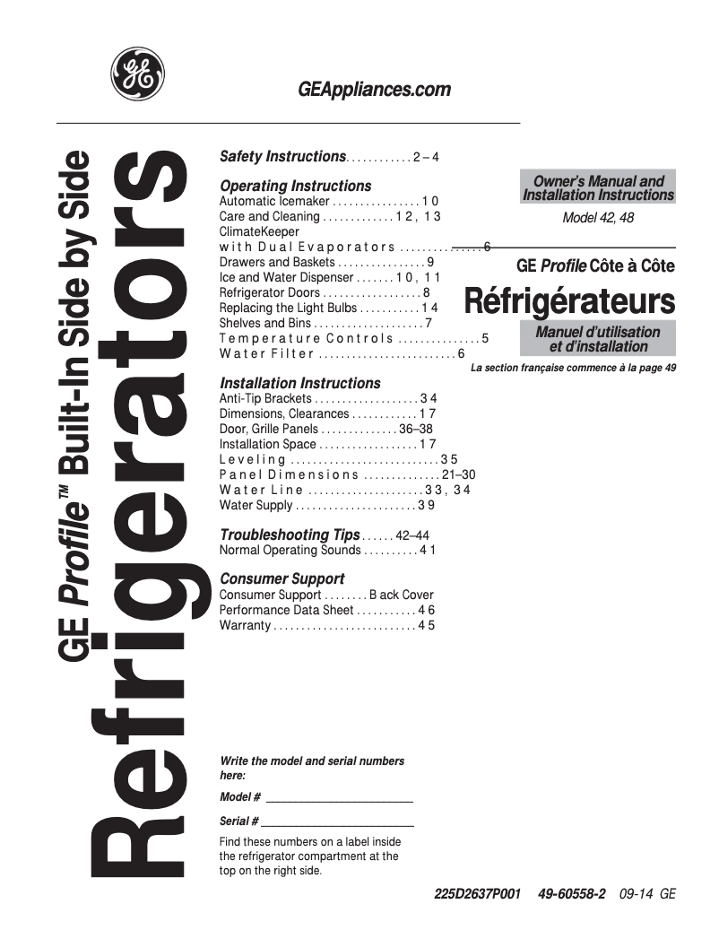 Page n°1 - Manuel d'utilisation et d'entretien GE PSB48YGXSV