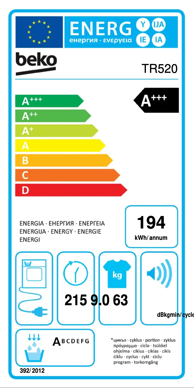 Page 1 de la notice Label énergétique Beko TR520