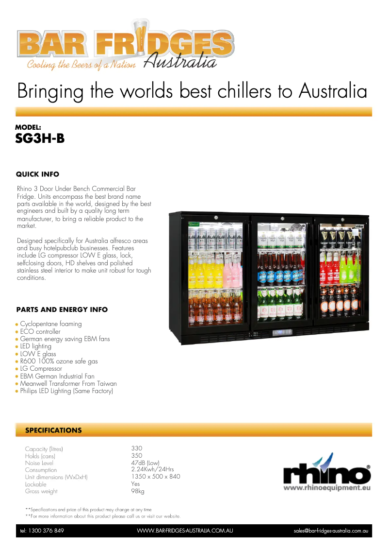 Page 1 de la notice Fiche technique Rhino SG3H-B
