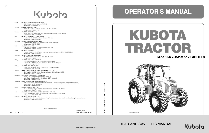 Page 1 de la notice Manuel utilisateur Kubota M7-152P-PS