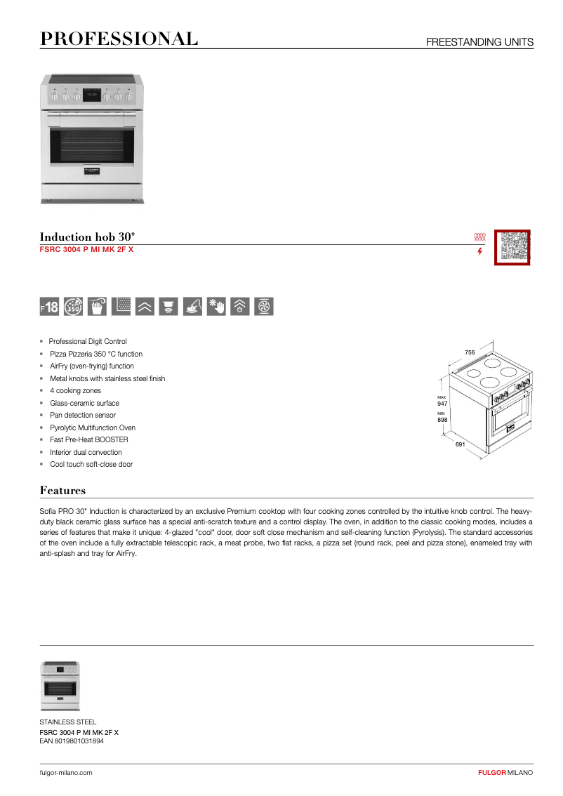 Page 1 de la notice Fiche technique Fulgor Milano FSRC 3004 P MI MK 2F X