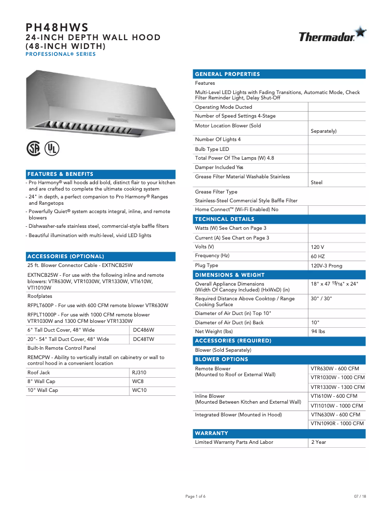 Página 1 del manual Ficha técnica Thermador PH48GWS