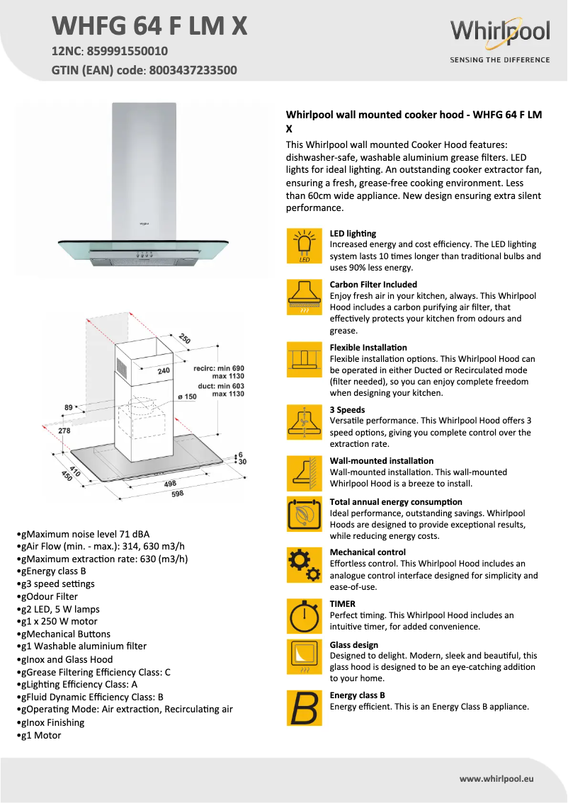 Page 1 de la notice Fiche technique Whirlpool WHFG 64 F LM X