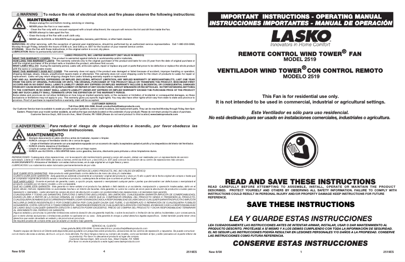 Page 1 de la notice Manuel utilisateur Lasko Remote Control Wind Tower 2519