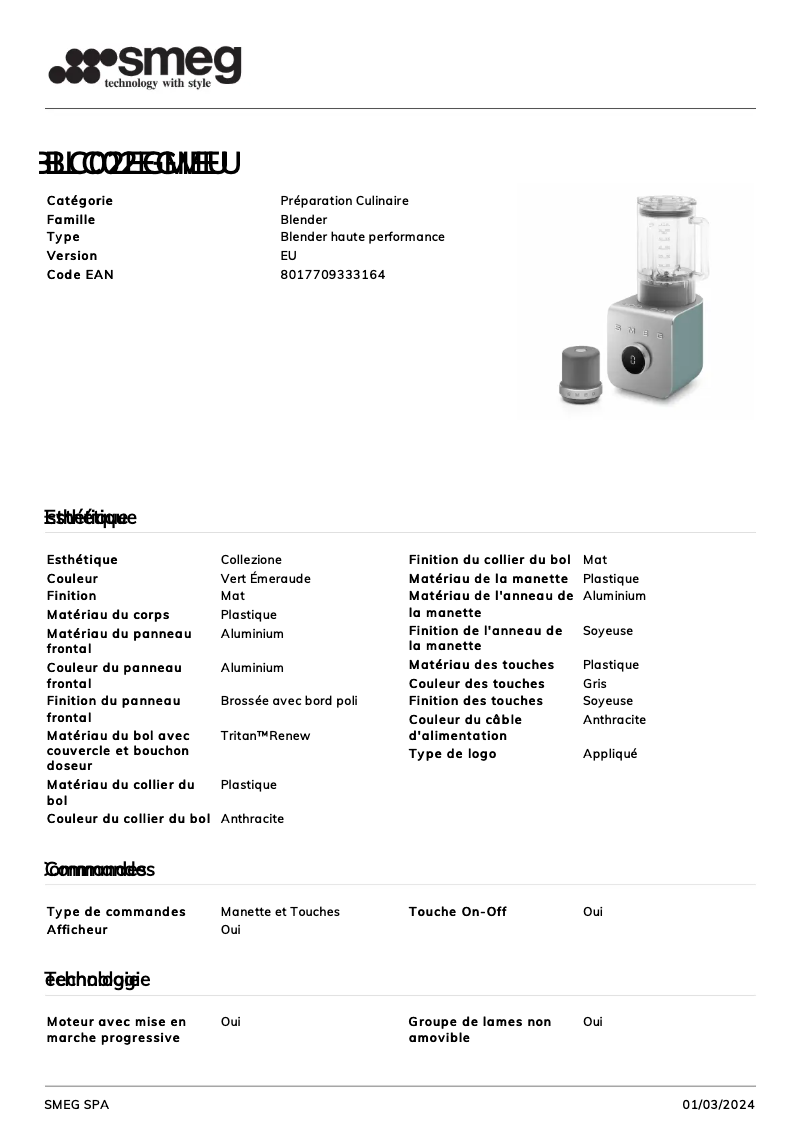 Page 1 de la notice Fiche technique Smeg BLC02