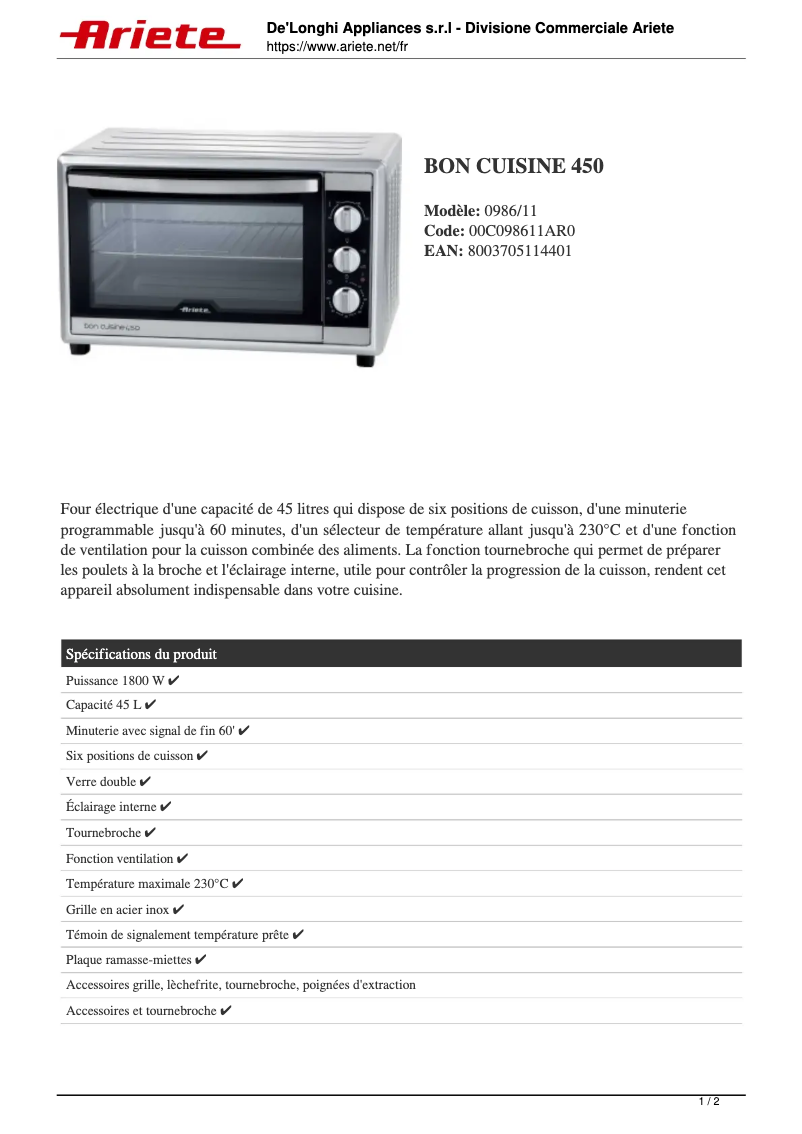 Page 1 de la notice Fiche technique Ariete Bon Cuisine 450 0986