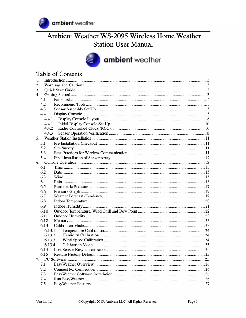 Page n°1 - Manuel utilisateur Ambient Weather WS-2095
