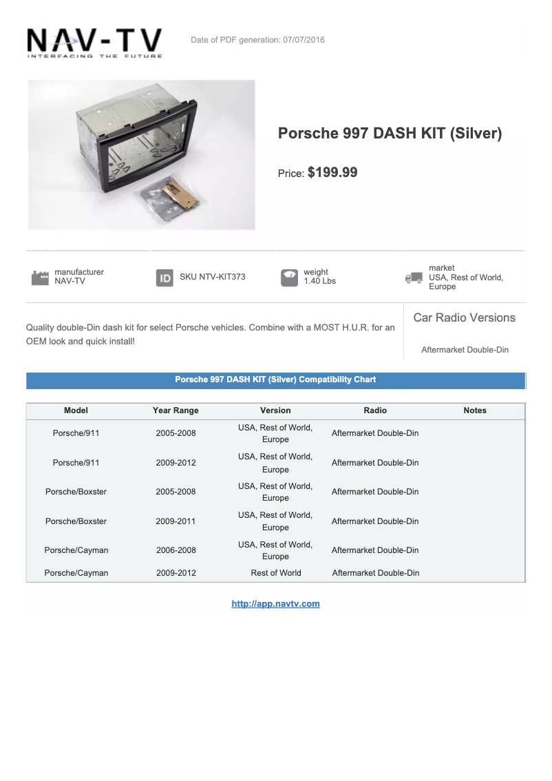Page 1 de la notice Manuel utilisateur NAV-TV Dash Kit NTV-KIT373
