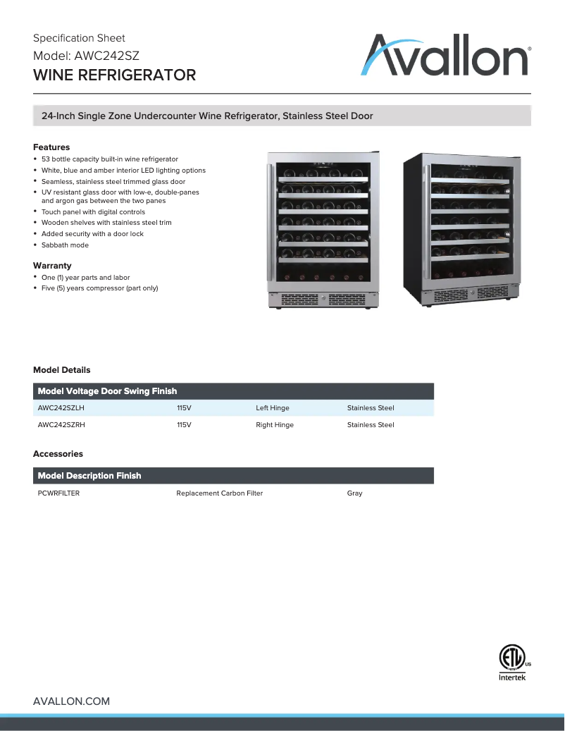 Page 1 de la notice Fiche technique Avallon AWC242SZ