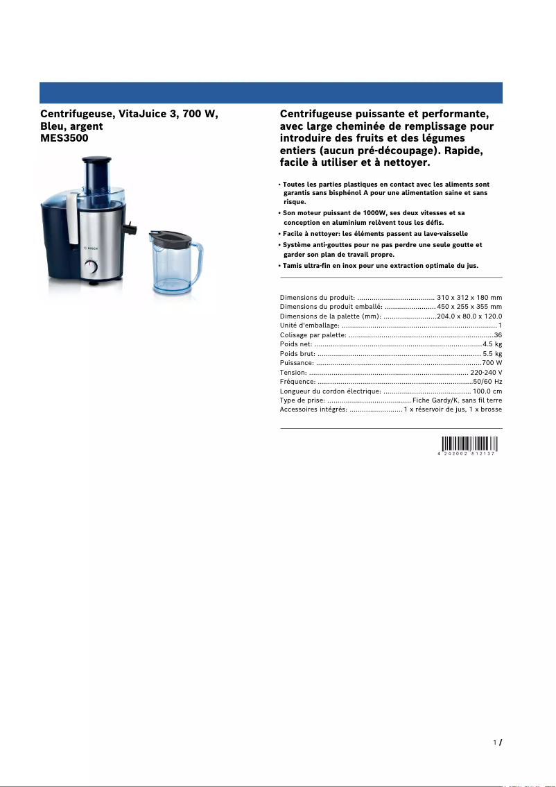 Page 1 of the manual Technical Sheet Bosch VitaJuice 3 MES3500