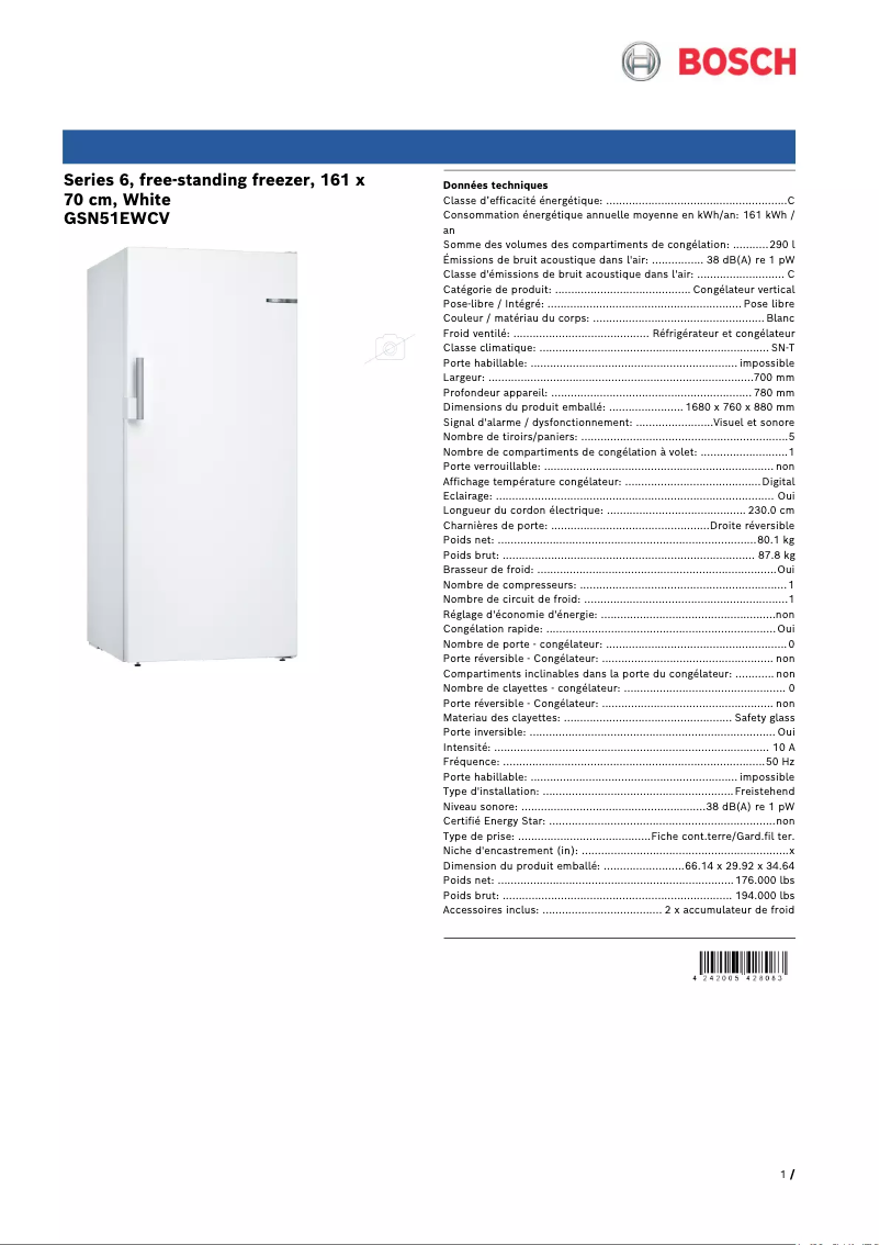 Page n°1 - Fiche technique Bosch GSN51EWCV
