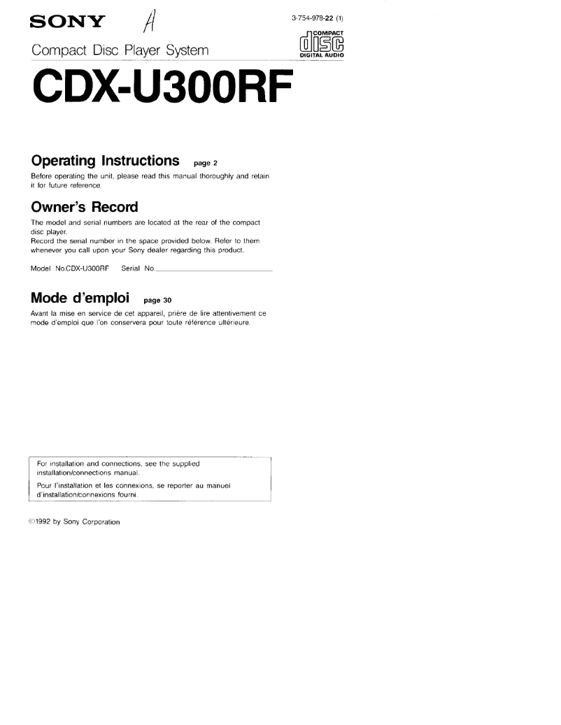 Page n°1 - Manuel utilisateur Sony CDX-U300RF