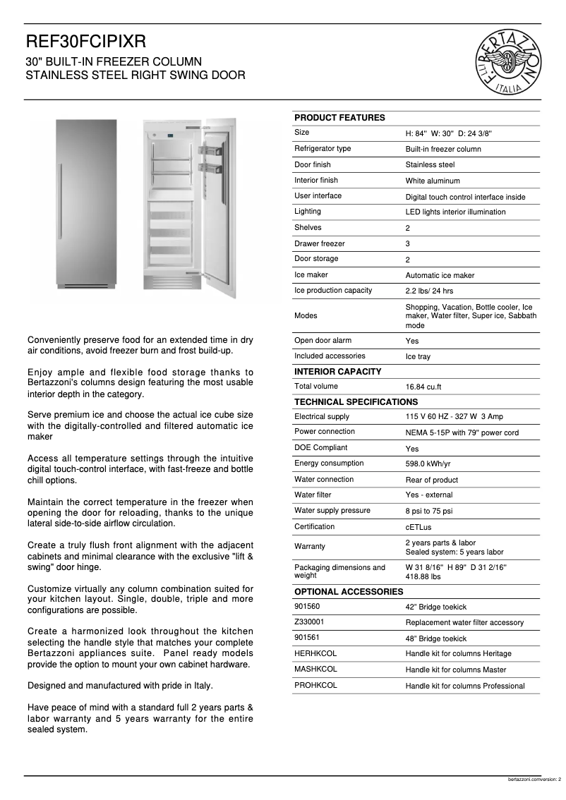 Page 1 de la notice Fiche technique Bertazzoni REF30FCIPIXR