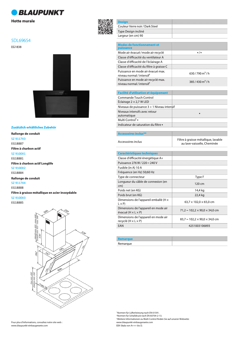 Page 1 de la notice Fiche technique Blaupunkt 5DL69654