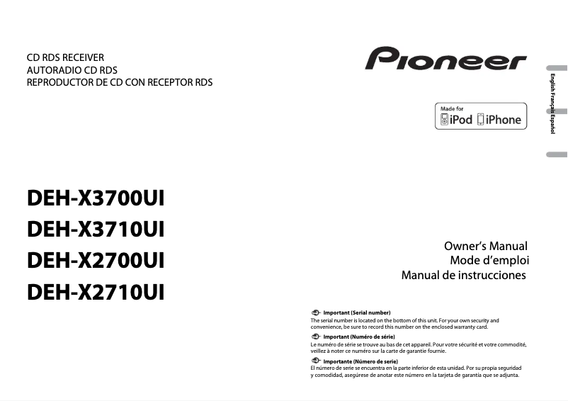 Page 1 de la notice Manuel utilisateur Pioneer DEH-X3710UI