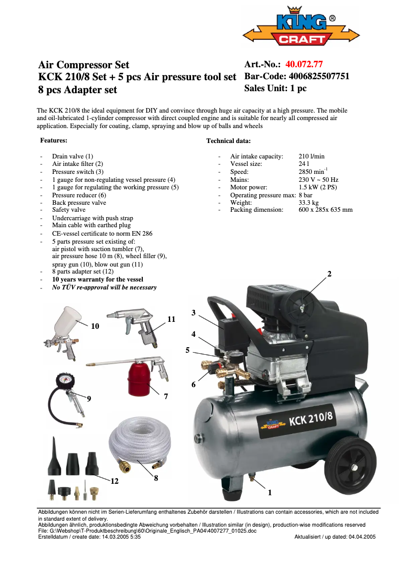 Page n°1 - Manuel utilisateur King Craft KCK 210/8