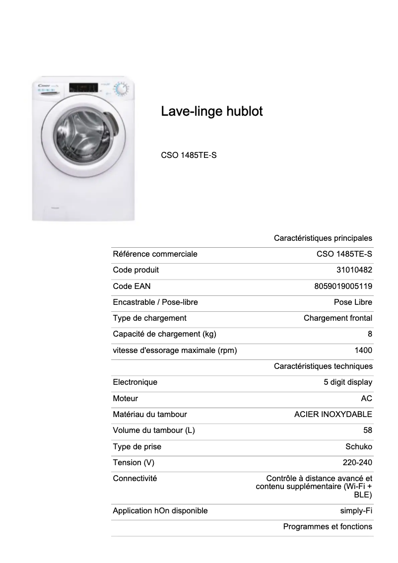 Página 1 del manual Ficha técnica Candy CSO 1485TE-S