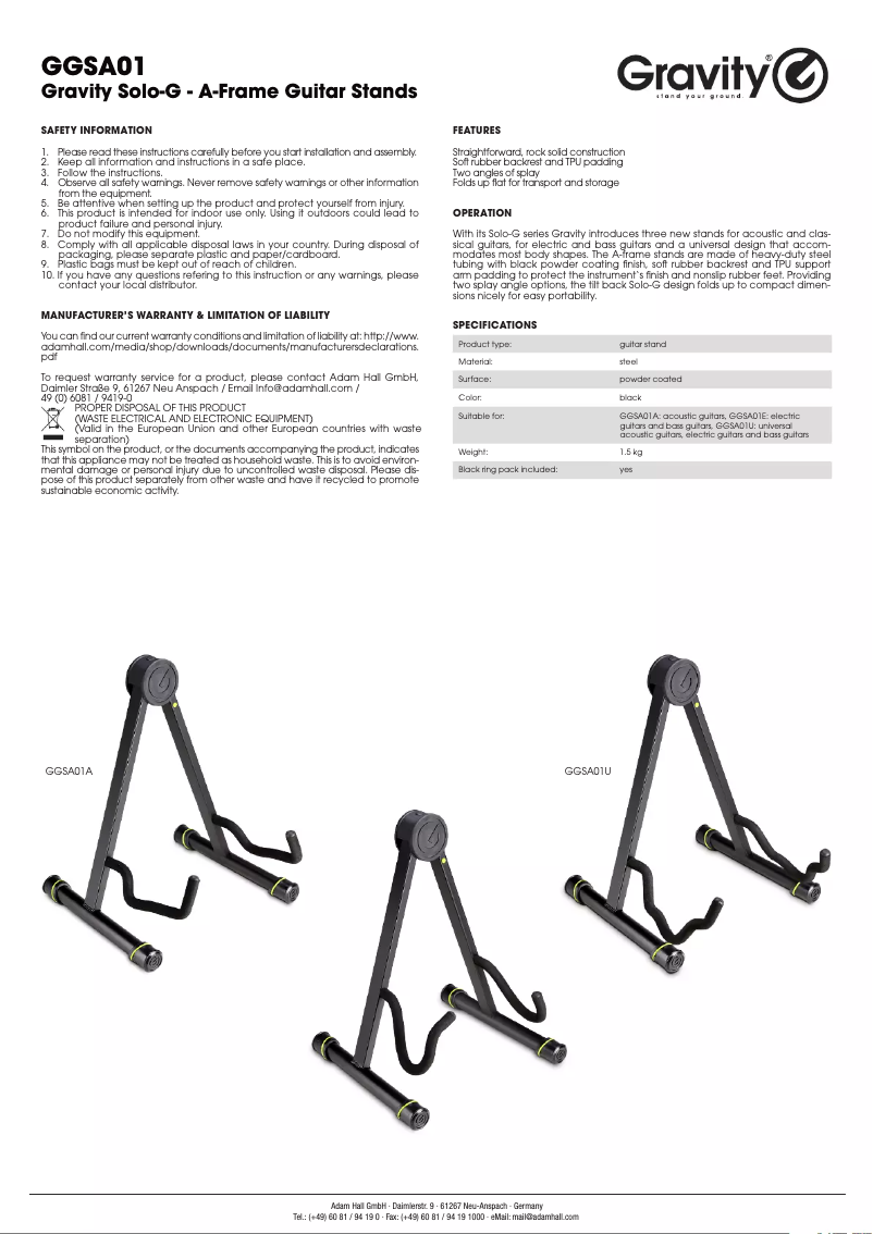 Page 1 de la notice Manuel utilisateur Gravity Solo-G Universal